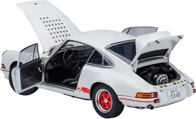Alt view image 2 of 6 - Porsche 911 Carrera 2.7 RS "The Circuit Wolf" White with Red Stripes and Wheels with Hood Graphics 1/18 Model Car by Autoart