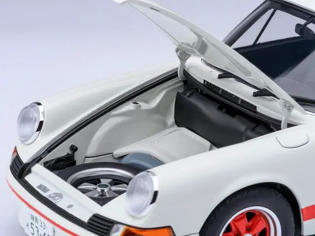 Alt view image 4 of 6 - Porsche 911 Carrera 2.7 RS "The Circuit Wolf" White with Red Stripes and Wheels with Hood Graphics 1/18 Model Car by Autoart