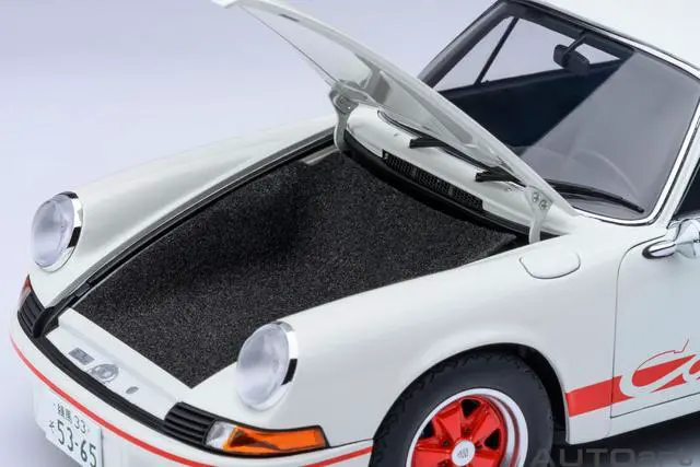 Alt view image 3 of 6 - Porsche 911 Carrera 2.7 RS "The Circuit Wolf" White with Red Stripes and Wheels with Hood Graphics 1/18 Model Car by Autoart