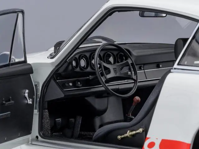 Alt view image 5 of 6 - Porsche 911 Carrera 2.7 RS "The Circuit Wolf" White with Red Stripes and Wheels with Hood Graphics 1/18 Model Car by Autoart