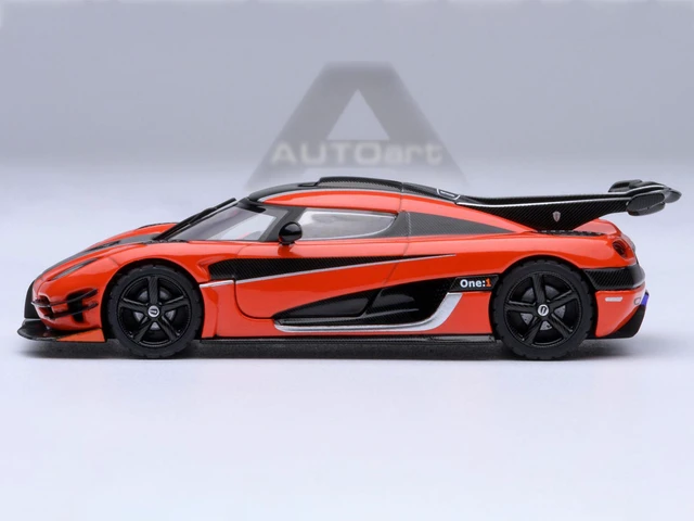 Alt view image 2 of 6 - Koenigsegg One:1 Lava Orange with Carbon and Silver Stripes 1/64 Model Car by Autoart