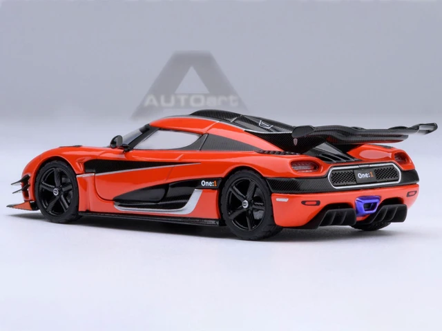 Alt view image 3 of 6 - Koenigsegg One:1 Lava Orange with Carbon and Silver Stripes 1/64 Model Car by Autoart