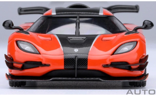 Alt view image 4 of 6 - Koenigsegg One:1 Lava Orange with Carbon and Silver Stripes 1/64 Model Car by Autoart