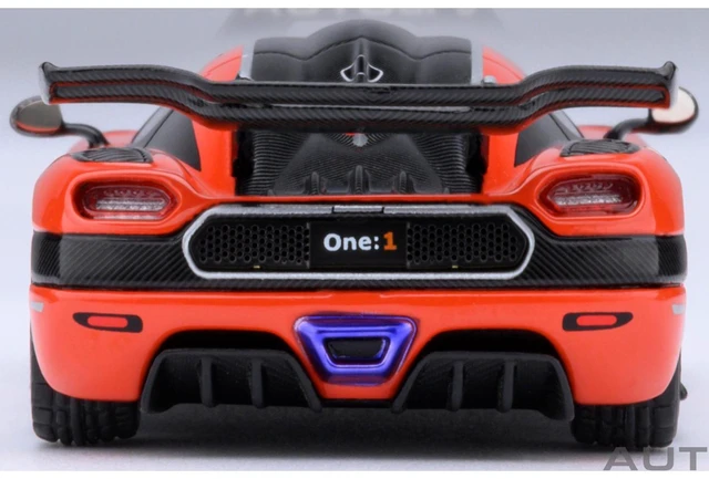 Alt view image 5 of 6 - Koenigsegg One:1 Lava Orange with Carbon and Silver Stripes 1/64 Model Car by Autoart