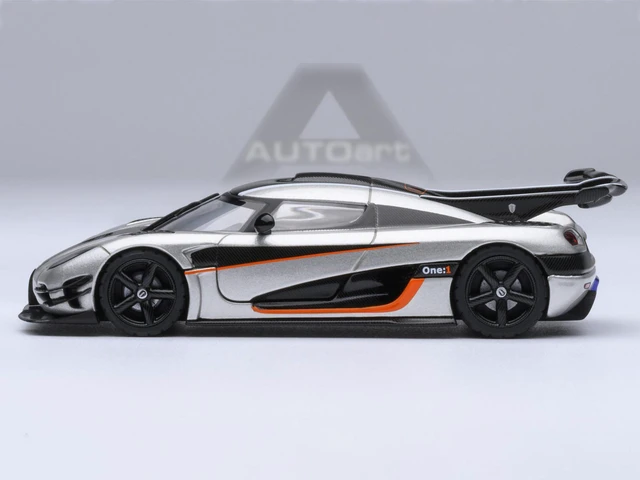 Alt view image 2 of 6 - Koenigsegg One:1 Moon Gray Metallic with Carbon and Orange Stripes 1/64 Model Car by Autoart