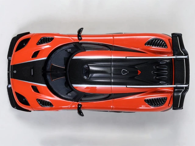 Alt view image 6 of 6 - Koenigsegg One:1 Lava Orange with Carbon and Silver Stripes 1/64 Model Car by Autoart