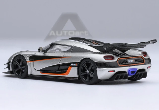 Alt view image 3 of 6 - Koenigsegg One:1 Moon Gray Metallic with Carbon and Orange Stripes 1/64 Model Car by Autoart