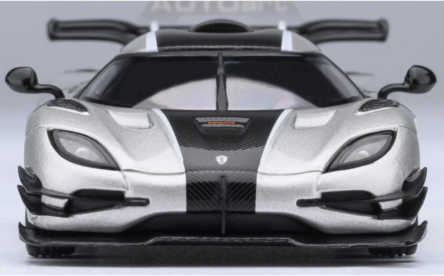 Alt view image 4 of 6 - Koenigsegg One:1 Moon Gray Metallic with Carbon and Orange Stripes 1/64 Model Car by Autoart