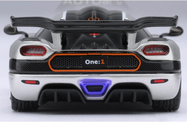 Alt view image 5 of 6 - Koenigsegg One:1 Moon Gray Metallic with Carbon and Orange Stripes 1/64 Model Car by Autoart