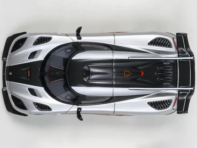 Alt view image 6 of 6 - Koenigsegg One:1 Moon Gray Metallic with Carbon and Orange Stripes 1/64 Model Car by Autoart