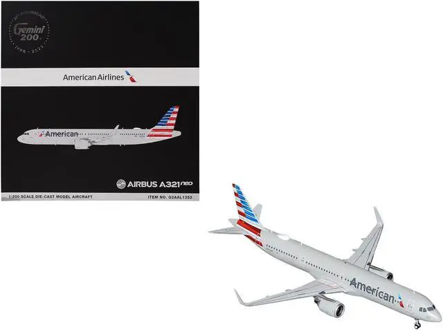 Alt view image 6 of 6 - Airbus A321neo Commercial Aircraft "American Airlines" Gray with Striped Tail "Gemini 200" 1/200 Diecast Model by GeminiJets
