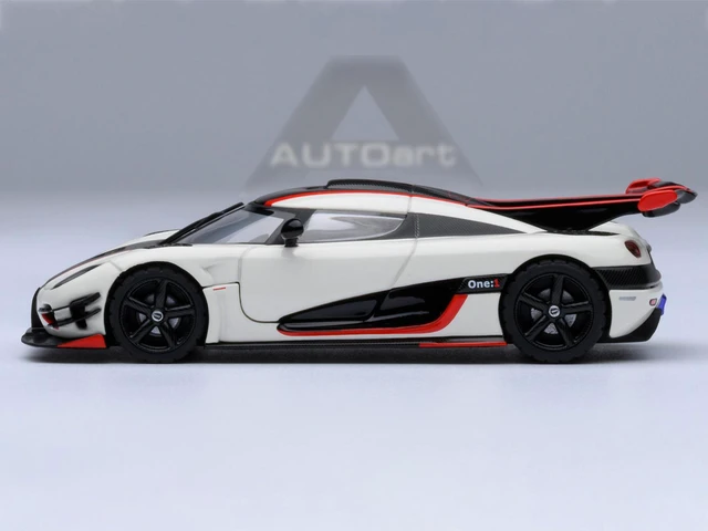 Alt view image 2 of 6 - Koenigsegg One:1 Pebble White with Carbon and Red Stripes 1/64 Model Car by Autoart