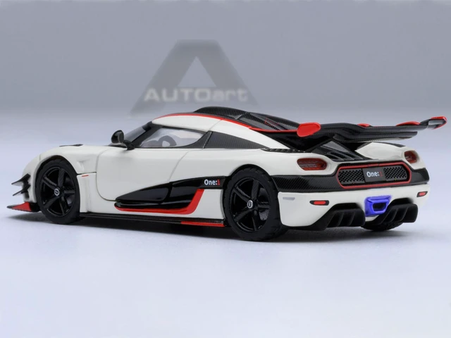 Alt view image 3 of 6 - Koenigsegg One:1 Pebble White with Carbon and Red Stripes 1/64 Model Car by Autoart