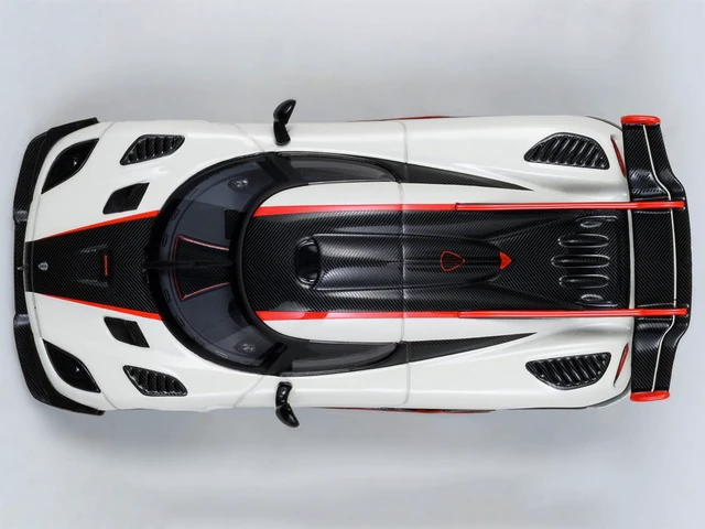 Alt view image 6 of 6 - Koenigsegg One:1 Pebble White with Carbon and Red Stripes 1/64 Model Car by Autoart
