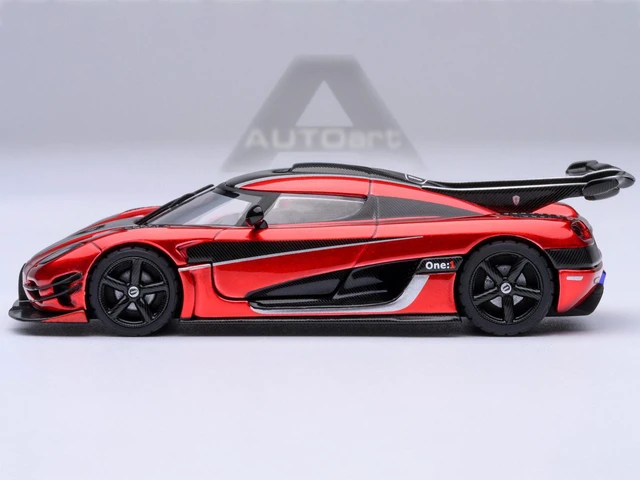 Alt view image 2 of 7 - Koenigsegg One:1 Apple Red Metallic with Carbon and Silver Stripes 1/64 Model Car by Autoart