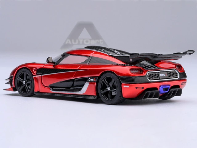 Alt view image 3 of 7 - Koenigsegg One:1 Apple Red Metallic with Carbon and Silver Stripes 1/64 Model Car by Autoart