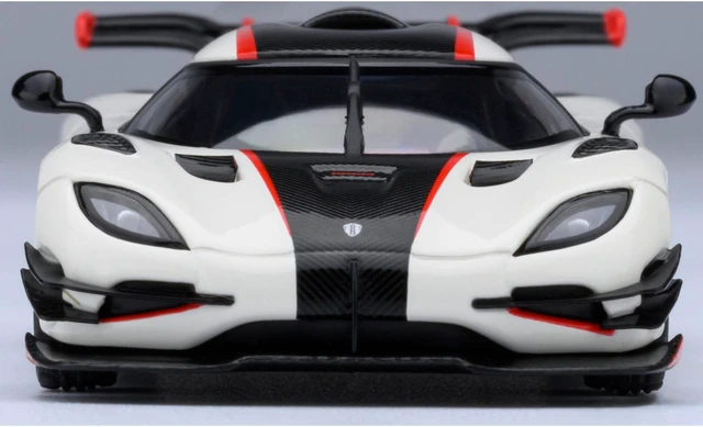 Alt view image 4 of 6 - Koenigsegg One:1 Pebble White with Carbon and Red Stripes 1/64 Model Car by Autoart