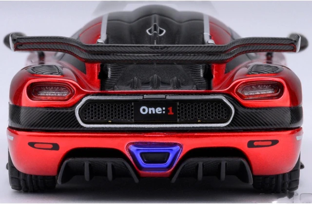 Alt view image 5 of 7 - Koenigsegg One:1 Apple Red Metallic with Carbon and Silver Stripes 1/64 Model Car by Autoart