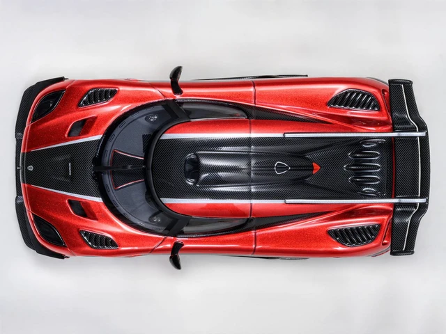Alt view image 6 of 7 - Koenigsegg One:1 Apple Red Metallic with Carbon and Silver Stripes 1/64 Model Car by Autoart