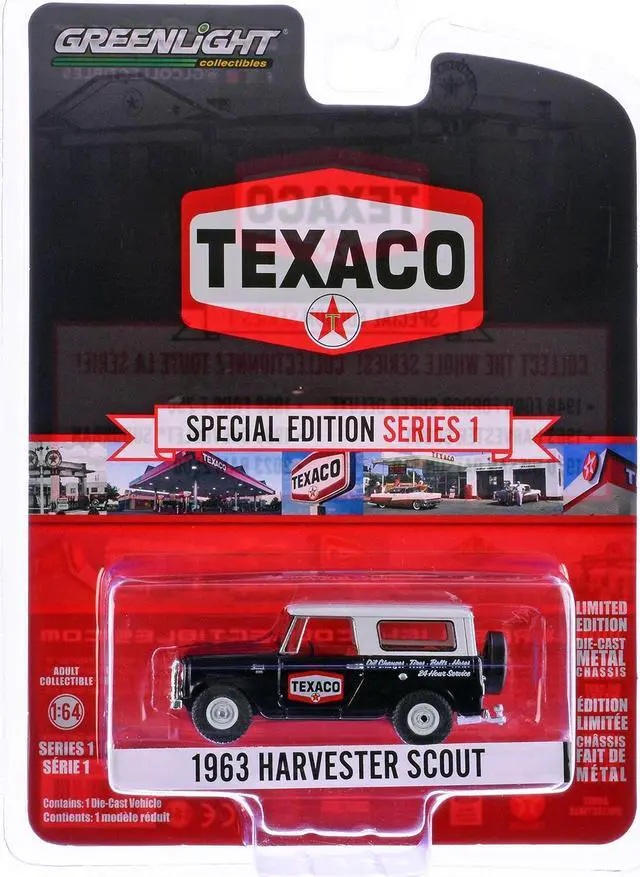 Alt view image 6 of 6 - 1963 Harvester Scout "Texaco" Black with White Top and Red Interior 1/64 Die cast Model Car by Greenlight