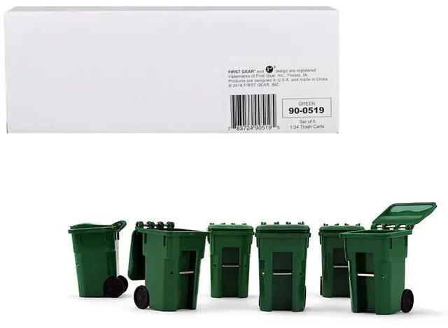 Alt view image 6 of 6 - Set of 6 Green Garbage Trash Bin Containers Replica 1/34 Models by First Gear