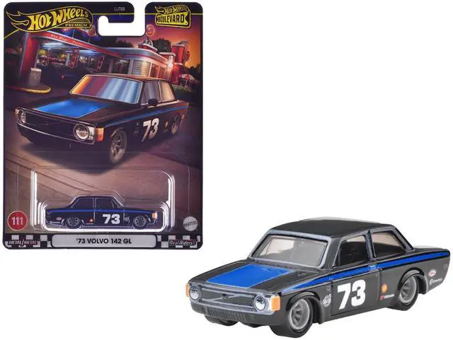 Main image of 1973 Volvo 142 GL #73 Black with Blue Stripes and Hood "Boulevard" Series Diecast Model Car by Hot Wheels