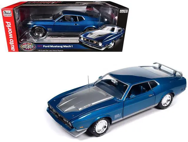 Main image of 1971 Ford Mustang Mach 1 Blue Metallic with Silver Hood "Muscle Car & Corvette Nationals" 1/18 Die Cast Model Car by Auto World