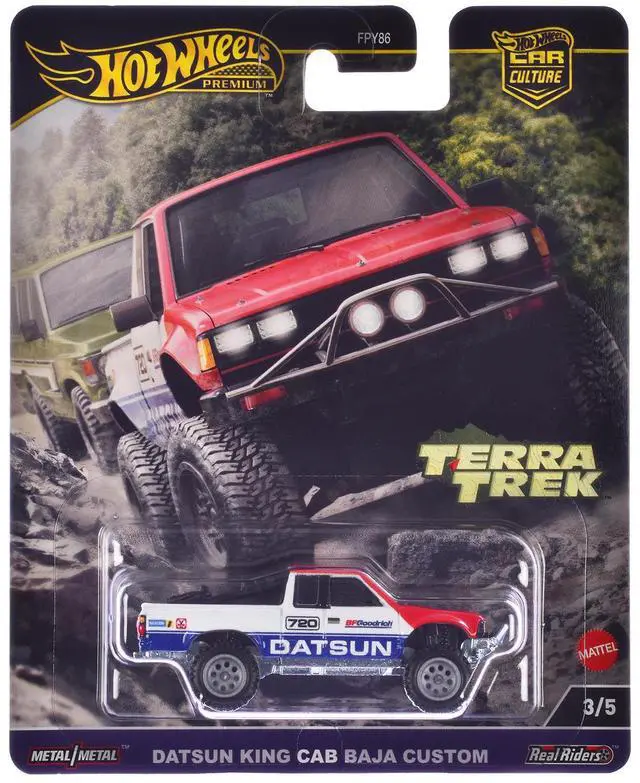 Main image of Datsun King Cab Baja Custom Pickup Truck #720 White and Blue with Red Hood "Terra Trek" Series Diecast Model Car by Hot Wheels