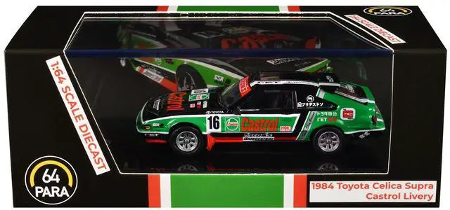 Main image of 1984 Toyota Celica Supra #16 "Castrol Livery" Black and Green with Graphics 1/64 Diecast Model Car by Paragon