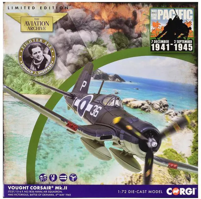 Alt view image 4 of 4 - Vought Corsair Mk. II Fighter Aircraft "Battle of Okinawa" (1945) British Royal Navy Fleet Air Arm 1/72 Diecast Model by Corgi