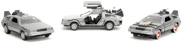 Alt view image 3 of 7 - "Back to the Future" Delorean Set of 3 pieces "Hollywood Rides" Series 1/32 Diecast Model Car by Jada