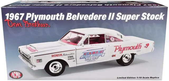 Alt view image 6 of 6 - 1967 Plymouth Belvedere II Super Stock "Don Grotheer" White w/ Graphics and Red Interior Ltd Ed 1/18 Die Cast Model Car by ACME
