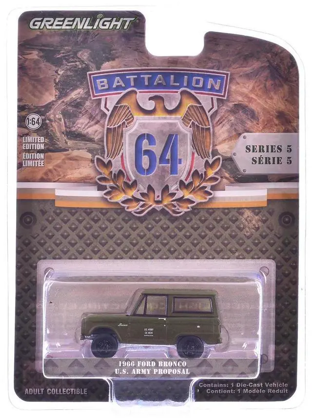 Alt view image 6 of 6 - 1966 Ford Bronco "U.S. Army Proposal" Olive Drab "Battalion 64" Series 5 1/64 Die Cast Model Car by Greenlight