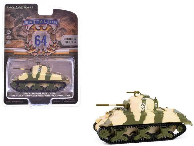 Main image of 1944 M4 Sherman Tank "U.S. Army, 756th Tank Battalion" Camouflage "Battalion 64" Series 5 1/64 Diecast Model Car by Greenlight