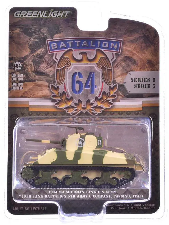 Alt view image 6 of 6 - 1944 M4 Sherman Tank "U.S. Army, 756th Tank Battalion" Camouflage "Battalion 64" Series 5 1/64 Diecast Model Car by Greenlight