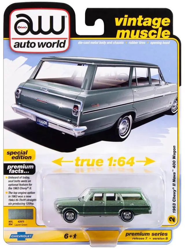 Alt view image 5 of 6 - 1963 Chevrolet II Nova 400 Wagon Laurel Green Metallic "Vintage Muscle" Series 1/64 Diecast Model Car by Auto World