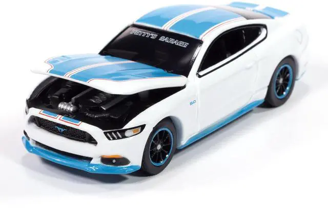 Alt view image 3 of 6 - 2016 Ford Mustang GT King Premier Edition "Petty's Garage" Oxford White with Petty Blue 1/64 Diecast Model Car by Auto World