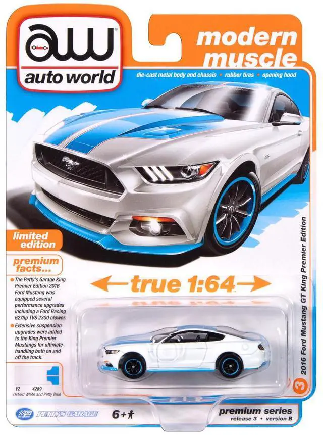 Alt view image 5 of 6 - 2016 Ford Mustang GT King Premier Edition "Petty's Garage" Oxford White with Petty Blue 1/64 Diecast Model Car by Auto World