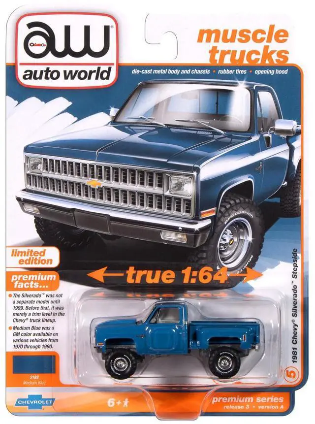 Alt view image 5 of 6 - 1981 Chevrolet Silverado Stepside Pickup Truck Blue "Muscle Trucks" Series 1/64 Diecast Model Car by Auto World