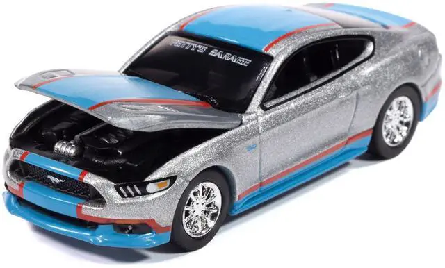 Alt view image 3 of 6 - 2017 Ford Mustang GT Tribute Edition Ingot Silver Metallic with Petty Blue and Red 1/64 Diecast Model Car by Auto World
