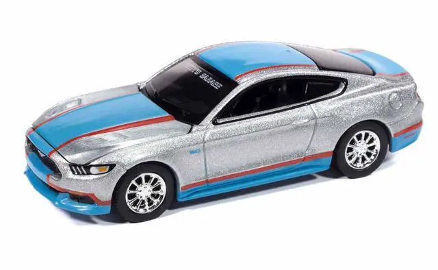 Alt view image 4 of 6 - 2017 Ford Mustang GT Tribute Edition Ingot Silver Metallic with Petty Blue and Red 1/64 Diecast Model Car by Auto World