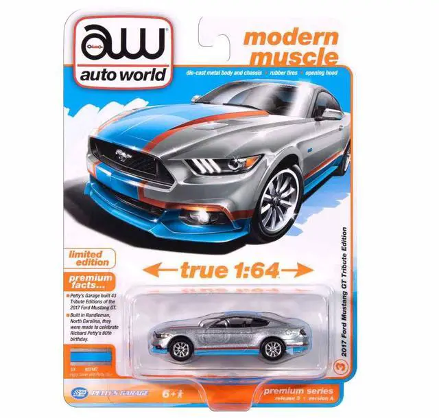 Alt view image 5 of 6 - 2017 Ford Mustang GT Tribute Edition Ingot Silver Metallic with Petty Blue and Red 1/64 Diecast Model Car by Auto World