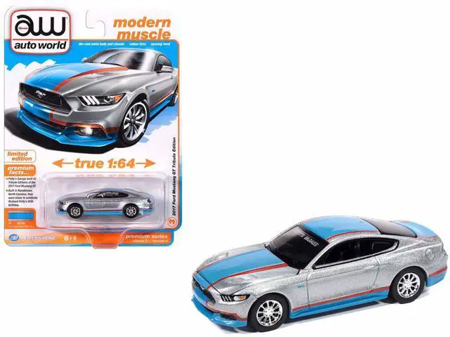Alt view image 6 of 6 - 2017 Ford Mustang GT Tribute Edition Ingot Silver Metallic with Petty Blue and Red 1/64 Diecast Model Car by Auto World