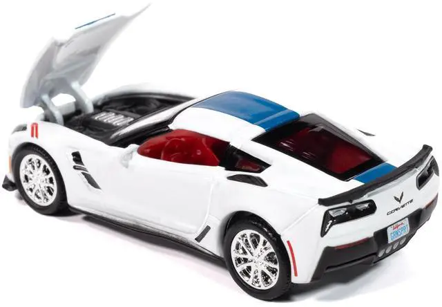 Alt view image 3 of 6 - 2018 Chevrolet Corvette Grand Sport Arctic White with Blue Stripe and Red Interior 1/64 Diecast Model Car by Auto World