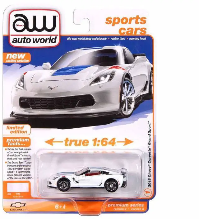 Alt view image 5 of 6 - 2018 Chevrolet Corvette Grand Sport Arctic White with Blue Stripe and Red Interior 1/64 Diecast Model Car by Auto World