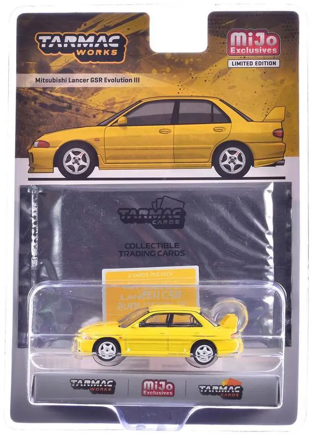 Alt view image 5 of 6 - Mitsubishi Lancer GSR Evolution III RHD Yellow with Tarmac Cards "Global64" Series 1/64 Diecast Model by Tarmac Works