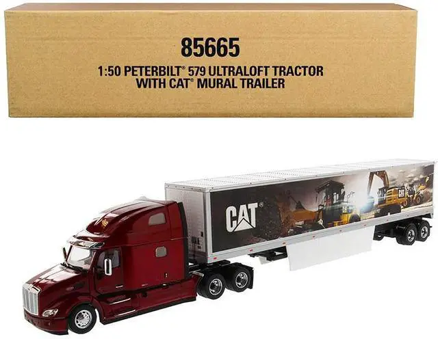 Alt view image 8 of 8 - Peterbilt 579 UltraLoft Truck Tractor Red with "CAT Caterpillar" Mural Dry Van Trailer "Transport Series" 1/50 Diecast Model by Diecast Masters