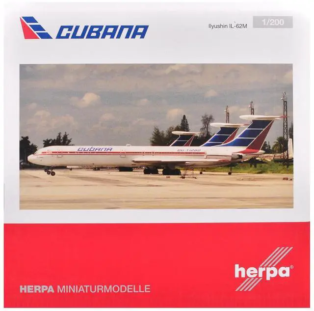 Main image of Ilyushin IL-62M Commercial Aircraft "Cubana de Aviacion" (T1280) White with Blue and Red Tail 1/200 Diecast Model by Herpa