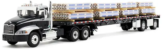 Alt view image 2 of 6 - Mack Pinnacle Day Cab w/Minimizer Parts & 53' Wilson Flatbed w/Pallets Black w/Silver 1/64 Diecast Model by DCP/First Gear