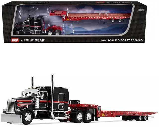 Main image of Kenworth W900L with 72" AeroCab Sleeper & Landoll Traveling Axle Trailer Viper Red & Black 1/64 Diecast Model by DCP/First Gear